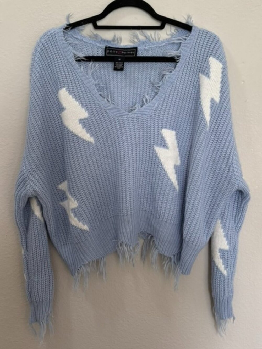 Polly & Esther Blue Lightning Bolt Distressed Sweater Size Medium